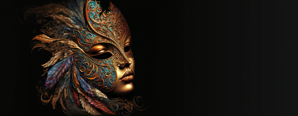 Luxury venetian mask on dark background. Mardi Gras party celebration design banner. Carnival masquerade ball. AI generative illustration