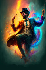 Obraz premium Happy man dancing with colourful energy. Generative AI, this image is not based on any original image, character or person.