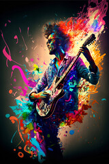 Obraz na płótnie Canvas Abstract guitarist playing with colourful and dynamic energy, Generative AI, this image is not based on any original image, character or person.