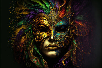 Luxury venetian mask on dark background. Mardi Gras party celebration design banner. Carnival masquerade ball. AI generative illustration - obrazy, fototapety, plakaty