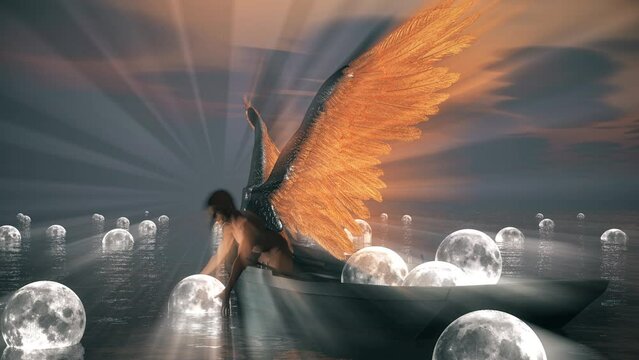 Angel in boat collects moons