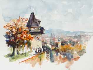 Vew of the landmark medieval clock tower in downtown Graz, Austria. Picture created with watercolors. - 564055612