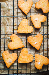 Cookies in Shape of Heart, Handmade Cookies for Valentine's Day, Mother's Day, Sweet Treat on Wooden Backround