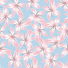 Fototapeta na wymiar Rose flowers on blue background. Seamless pattern floral design. Vector illustration