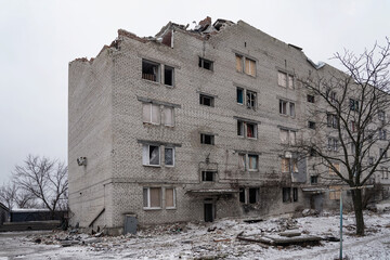 Lyman, Donetsk region, Ukraine - January 2023: Fragment of a destroyed high-rise residential...