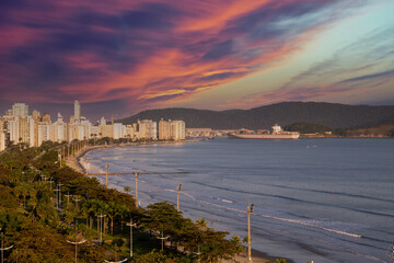 Fototapeta premium Santos beach panoramic view from above. With sunset in the background
