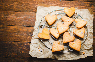 Cookies in Shape of Heart, Handmade Cookies for Valentine's Day, Mother's Day, Sweet Treat on Wooden Backround