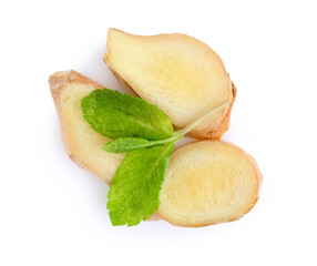 Fresh ginger slices with mint isolated on white background