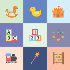 Vector set of illustration icons of children's toys, entertainment and hobbies for children, for a child.