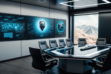 A futuristic boardroom with a large interactive touchscreen display, generative ai