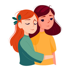 Friendship and happiness. Two girls stand side by side and hug each other. Friendship and support. Flat graphic vector illustration isolated on white background
