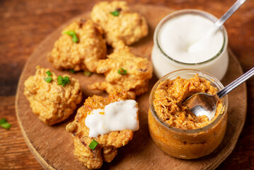 Cauliflower wings food. Pieces of flour-fried cauliflower with vegan sauces on a plate. Wooden background. Vegetarian food.