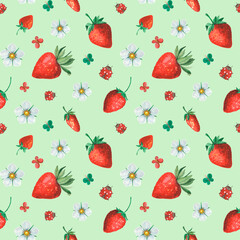 Colorful summer botanical seamless pattern with bright red strawberries, white flowers and cute ladybugs. Art for textile, decor and packing.