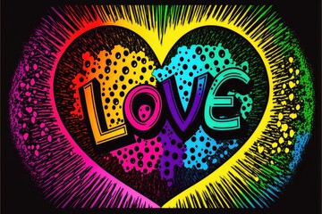 Generative AI rainbow love word and hearts with glitter and sparkle, bright colors with illuminated black background