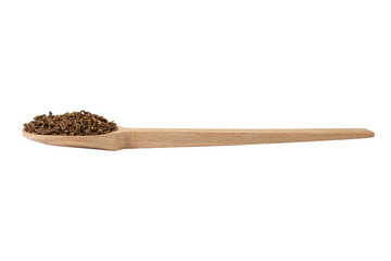 Valerian herb root on wooden spoon isolated on white background. Valeriana officinalis. used in herbal medicine as a tranquillizer and to treat insomnia, anxiety, hypertension, pain relief.