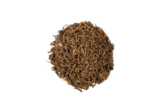 Valerian herb root heap isolated on white background. herb. heap isolated on white background. herb.Valeriana officinalis. used in herbal medicine as a tranquillizer and to treat insomnia, anxiety