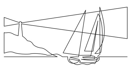 continuous line drawing vector illustration with FULLY EDITABLE STROKE of yacht sailing near coast with lighthouse
