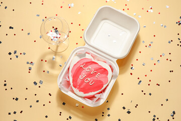 Plastic lunch box with heart-shaped bento cake and glass on beige background. Valentine's Day celebration