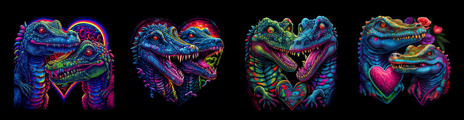 Fototapeta premium Couple of multicolored crocodiles with hearts. AI generative.