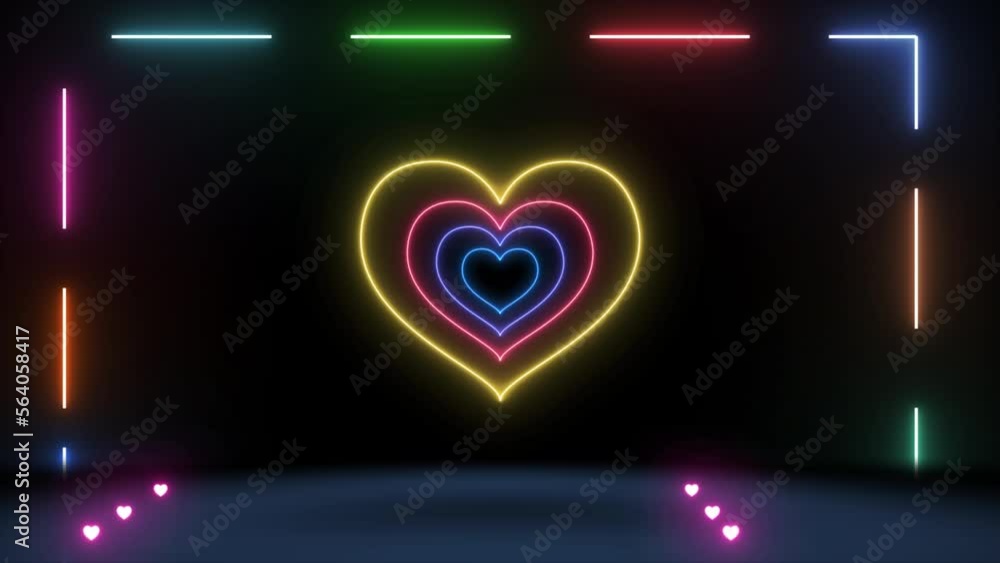 Poster ,neon light party background, neon heart shape with beautiful 3d stage animation. concert stage back