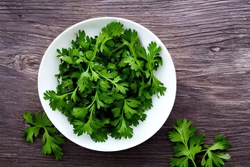 fresh parsley leaves in a white bowl on wooden surface, healthy living