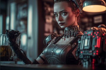 Fototapeta na wymiar a robot cyborg waitress working in a restaurant, replacing a human, cyborg artificial intelligence robot concept