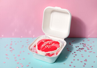 Lunch box with heart-shaped bento cake and confetti for Valentine's Day on table near pink wall