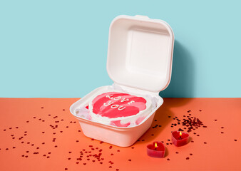 Lunch box with bento cake, hearts and burning candles for Valentine's Day on table near blue wall