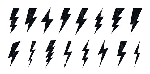 Lightning bolt icons with grunge texture isolated on white background. Vintage flash symbol, thunderbolt vector illustration. Simple lightning strike sign - obrazy, fototapety, plakaty