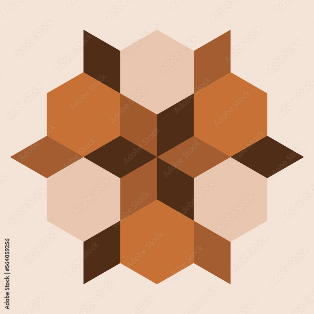 Poster vector graphic of a patchwork design in neutral colours. it is based on a hexagonal shape interspers
