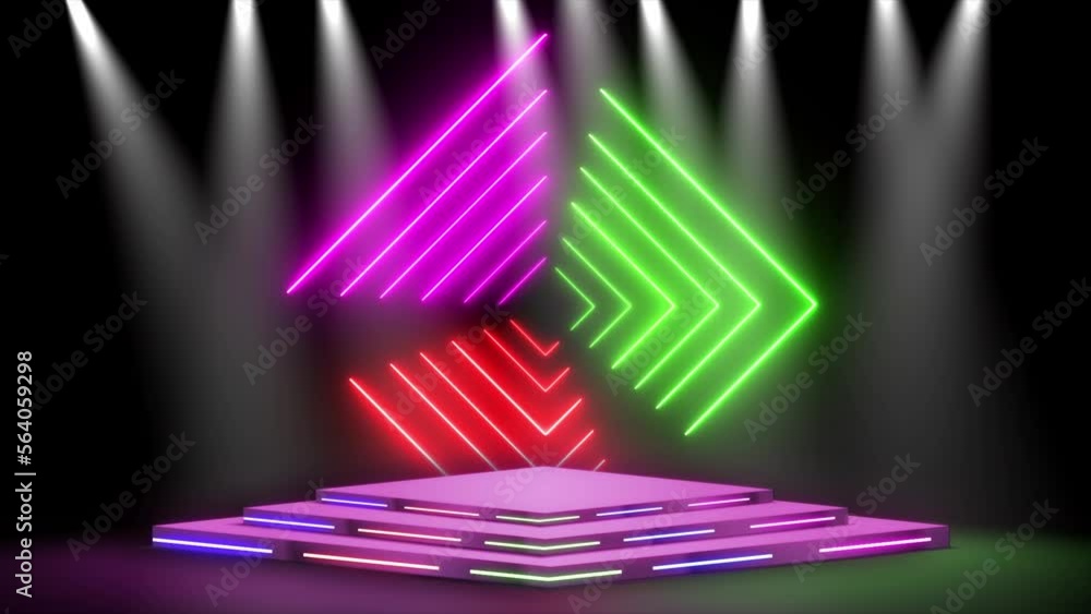 Poster concert stage background with neon rectangle light effect. realistic 3d stage and light effects movi