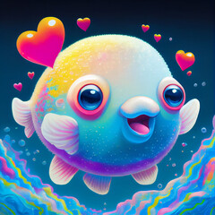 Fototapeta na wymiar Adorable blobfish with multicolored bubbles. AI generative.