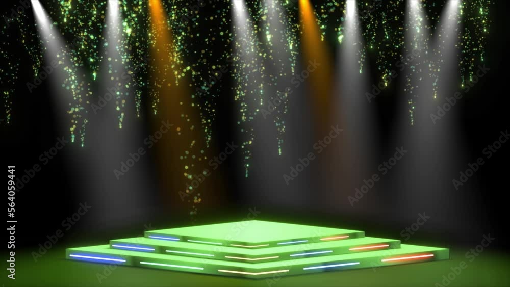 Poster concert stage background with stage light effect. neon light party and glowing particle falling back