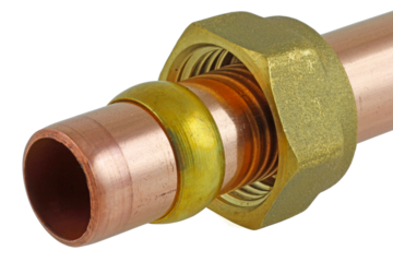 Close up of a compression nut and olive on copper pipe , transparent png.