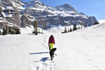 Fototapeta na wymiar a woman walks with a dog in the snow in the mountains