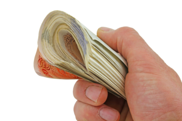 Male hand holding a bundle of sterling notes, transparent png	