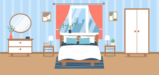 Modern bedroom interior. Bed, wardrobe, wardrobe, plants, pictures, decoration. Vector illustration in flat style.