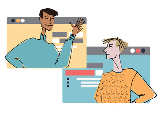 Two Young man in front of a computer screen. line illustrations, Flat style, isolated vector element, hand lettering - obrazy, fototapety, plakaty