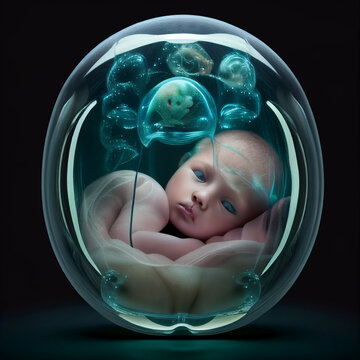 Fetus develops inside an artificial uterus, baby in the womb, nurture embryo through placenta and ambilical cord, future science and medicine, ecto uterine pregnancy, generative ai