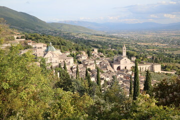 Fototapeta na wymiar View to old town of Assisi from Rocca Maggiore, Umbria Italy