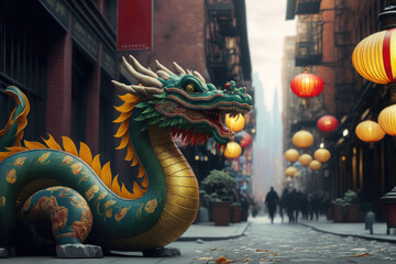 Fototapeta premium Dragon : A Symbol of Good Luck and Prosperity in Chinatown during Chinese New Year. Generative AI