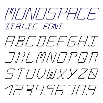 Latin alphabet letters, italic monospaced font, line characters, monospace font set with numbers, vector illustration.
