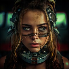 Portrait of a sci-fi cyberpunk girl. High-tech futuristic woman from the future. The concept of virtual reality and cyberpunk. Generative AI Art. - 564061841