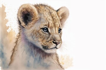 Obraz na płótnie Canvas Portrait of Lion Cub Baby Leo Watercolor Illustration Wallpaper Generative AI