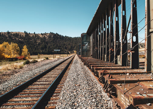 Abandoned train on tracks in Western Montana. 
