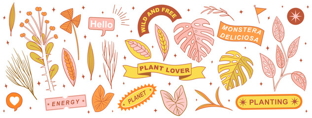 Fototapeta na wymiar Set collection plants and labels - hand drawn vector. Drawing beautiful plants with colour. Plant lover, Planet, plants, recycle, save the planet, monstera deliciosa. Vector trendy