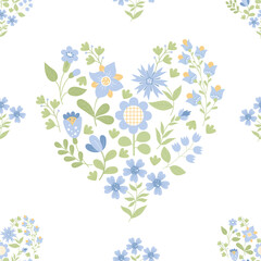 Flower heart. Seamless pattern with openwork floral heart of decorative flowers on white background. Vector i.llustration in flat style for wallpaper, textile, packaging, decor and design