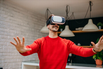 Caucasian man in the metaverse, VR, and gaming innovation with cyber technology, fantasy video...