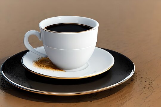 A coffee cup with a saucer and a splash of coffee on a plate. Generative AI
