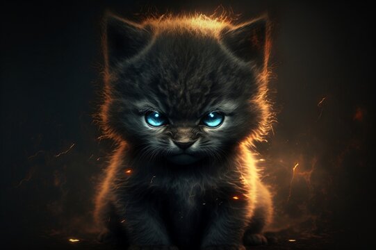 Black evil kitten from hell looking at camera (created with Generative AI)